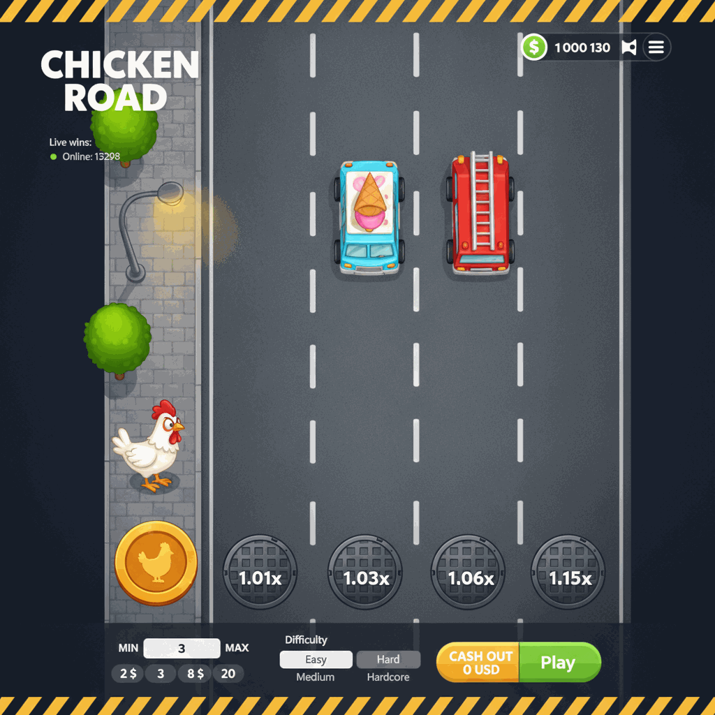 Schermata di gioco di Chicken Road che mostra una gallina bianca che attraversa una strada a più corsie con moltiplicatori visualizzati su ogni corsia, interfaccia di gioco con pannello di controllo delle puntate e contatore del moltiplicatore in tempo reale